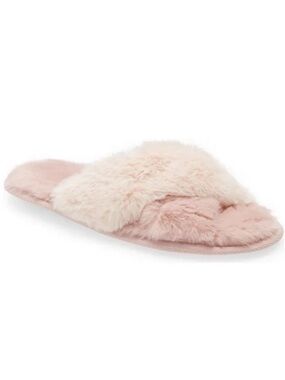 NEW Nordstrom Faux Fur Plush Slippers Pink Criss Cross Size Small Two Toned Shoe